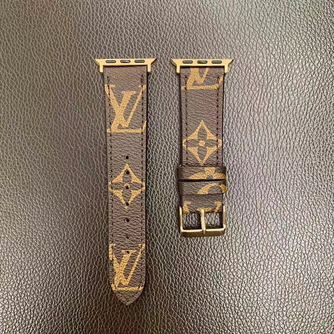 Leather Monogram Apple Watch Band Brown-CRLV058