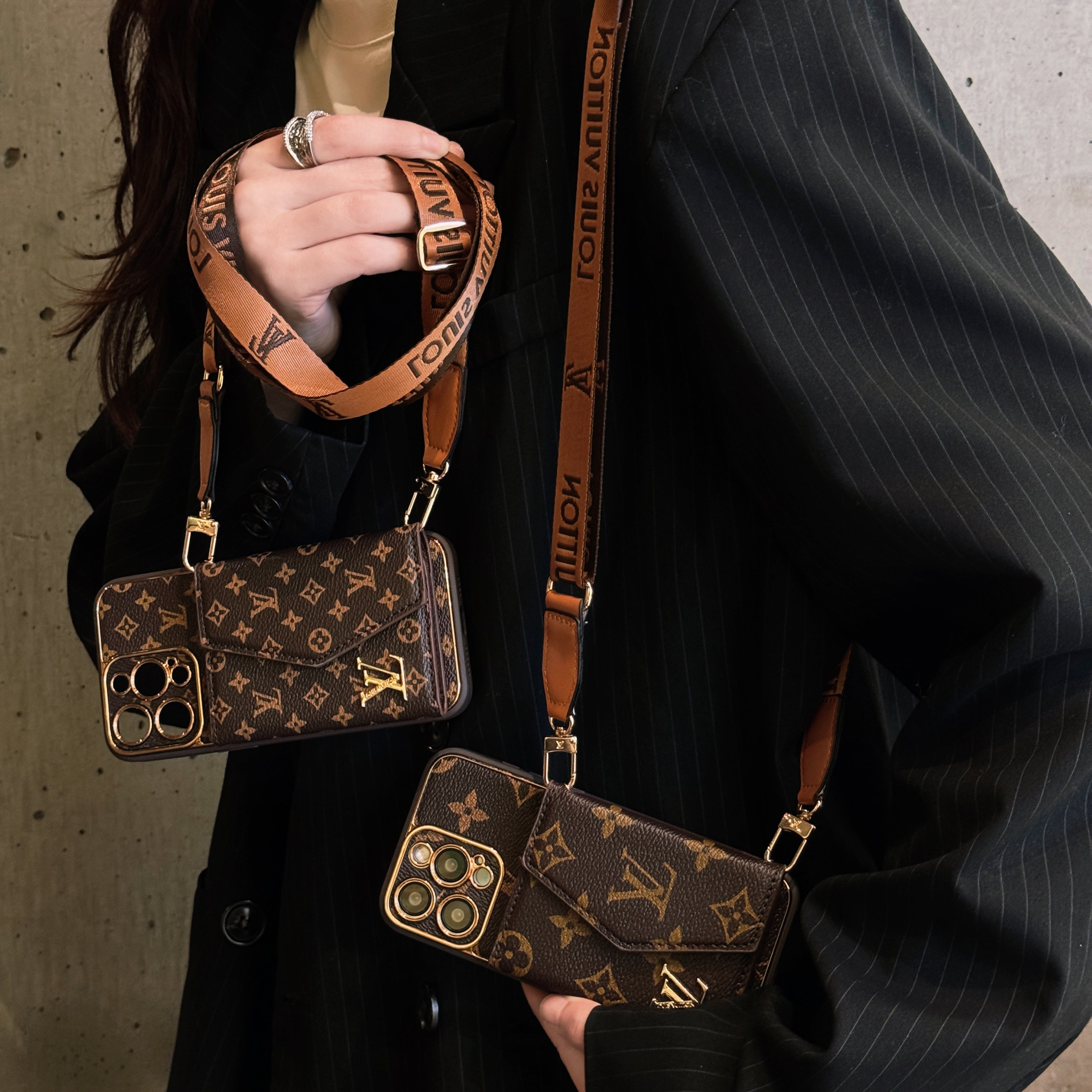 Monogram iPhone Case With Wallet And Strap Brown Small Printing-CRLV060