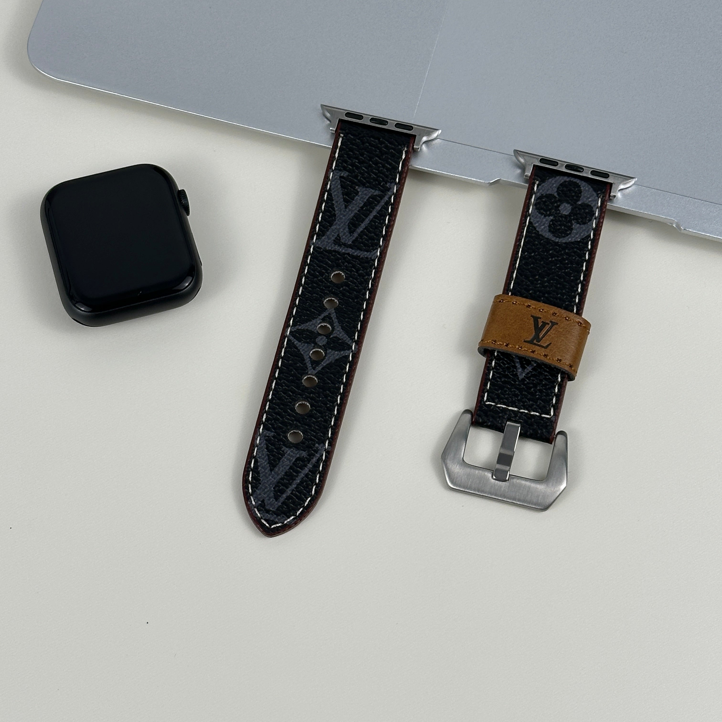 Luxury Leather Monogram Apple Watch Band Black Printing-CRLV004