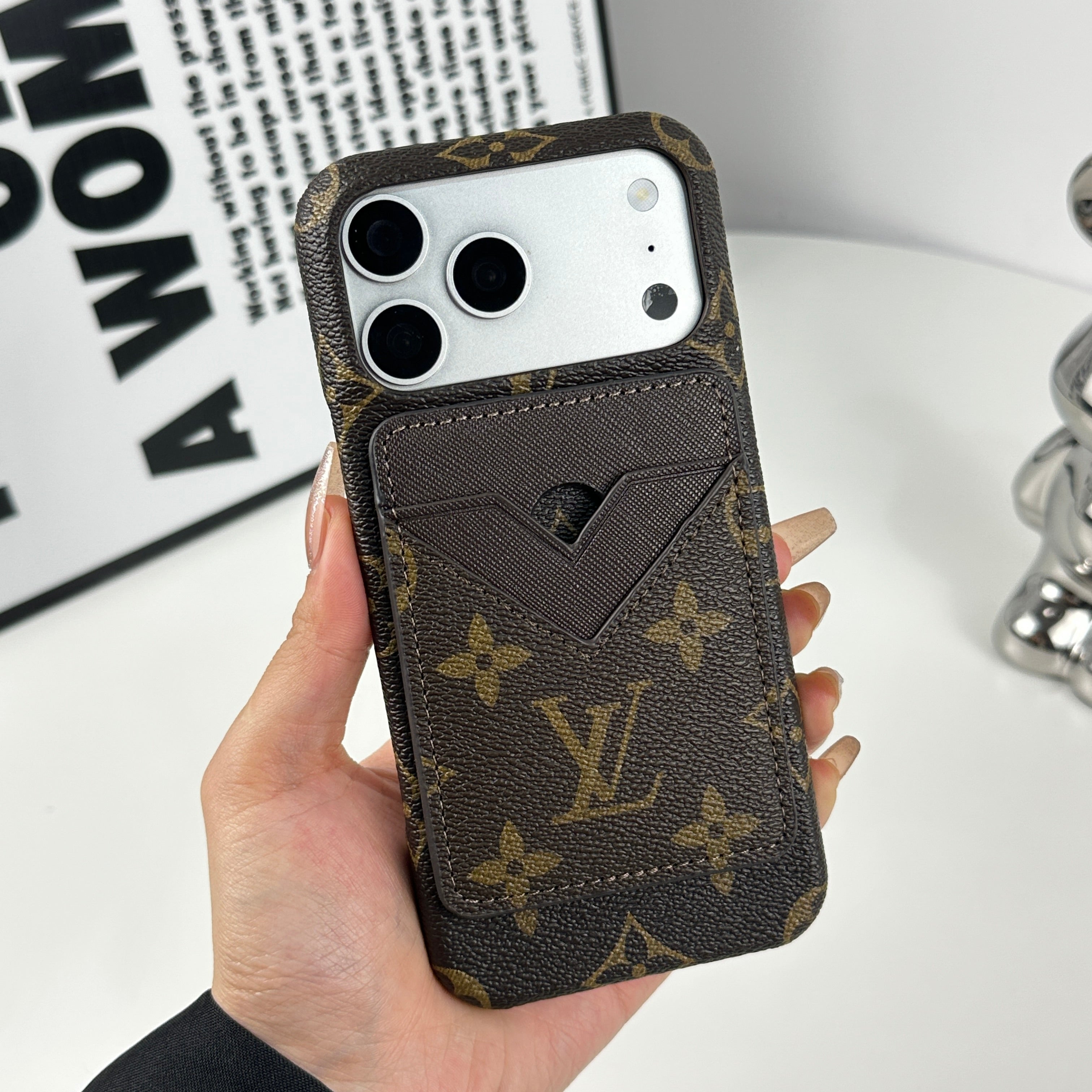 Premium Monogram iPhone Case With Magnetic Card Holder Big Printing For iPhone 17 Series-CRLV035