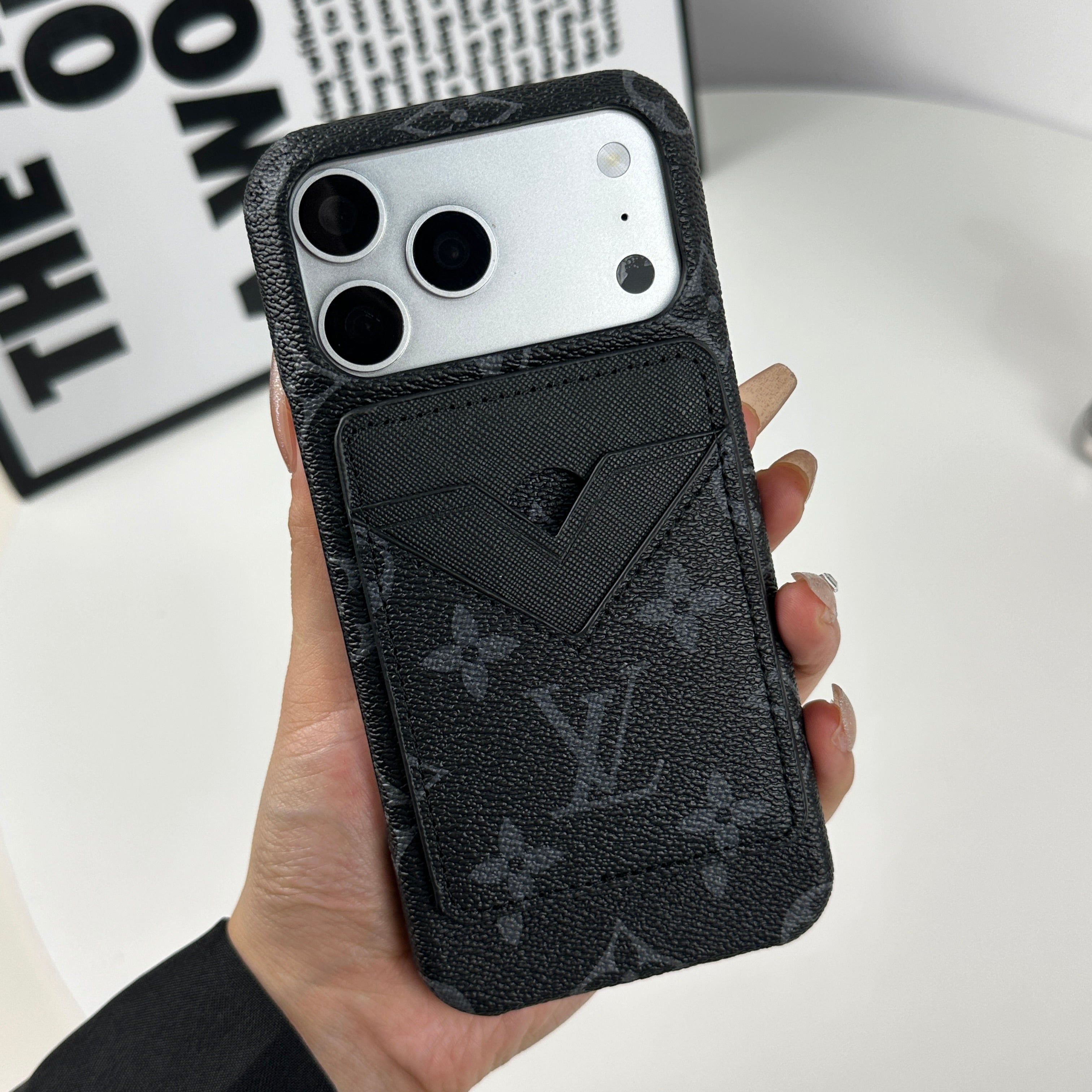 Classic Leather Monogram iPhone Case With Magnetic Card Holder Black Printing For iPhone 17 Series-CRLV037