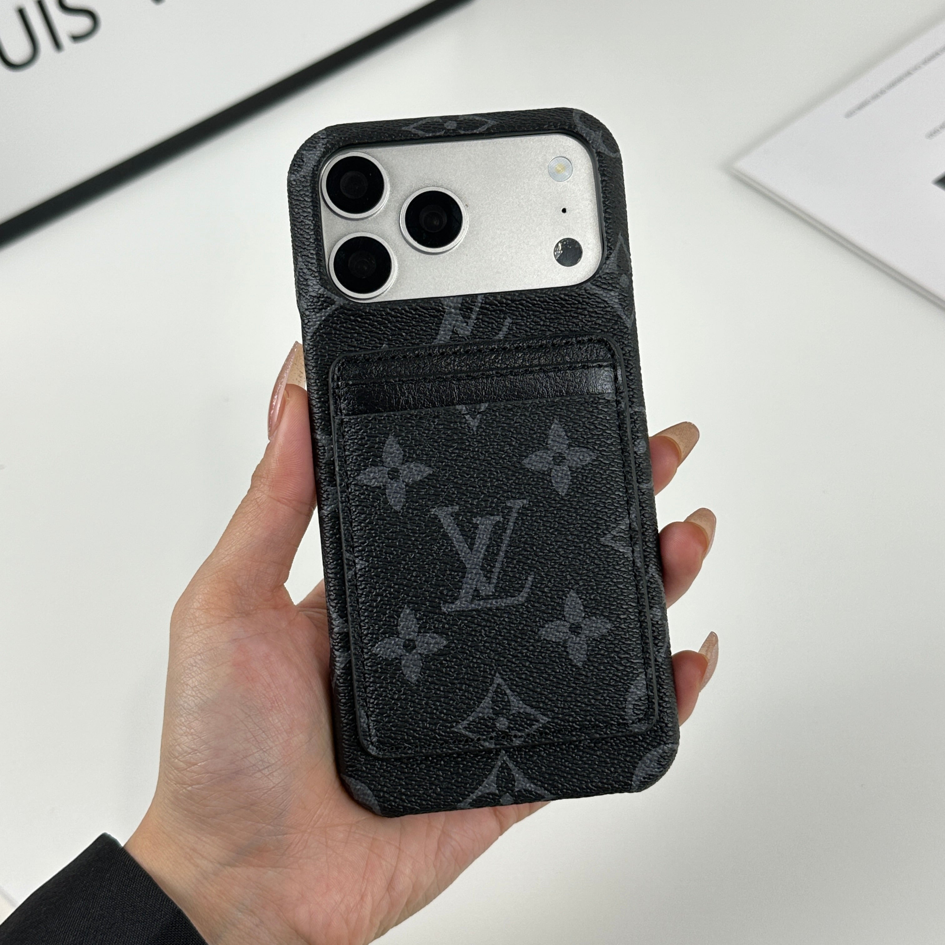 Classic Leather Monogram iPhone Case With Magnetic Card Holder Black Printing For iPhone 17 Series-CRLV040