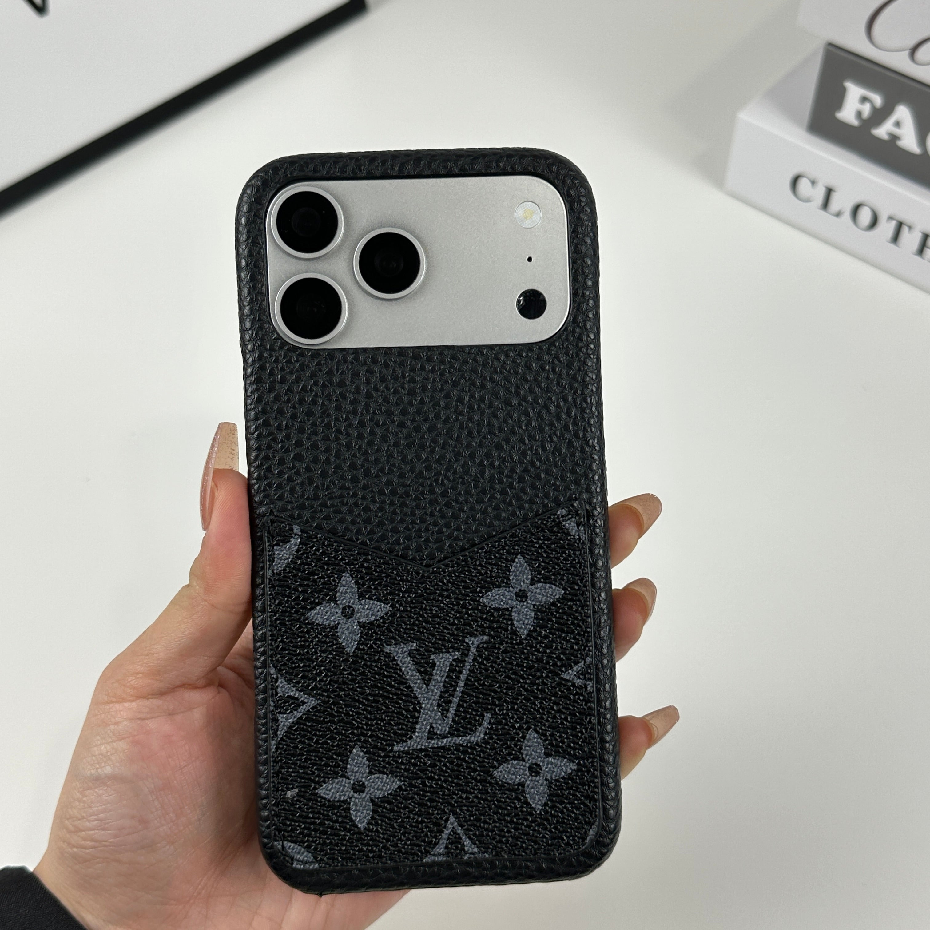 Leather Monogram iPhone Case With Card Holder Black Printing For iPhone 17 Series-CRLV045