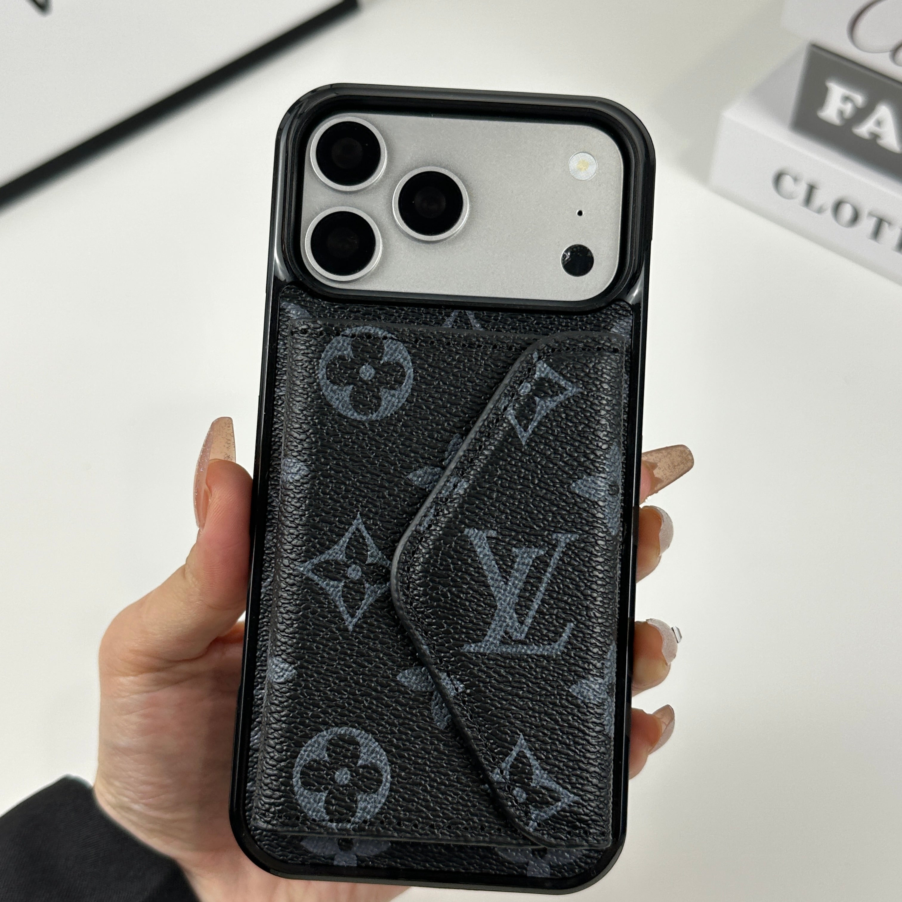 Classic Leather Monogram iPhone Case With Wallet Black Printing For iPhone 17 Series-CRLV046