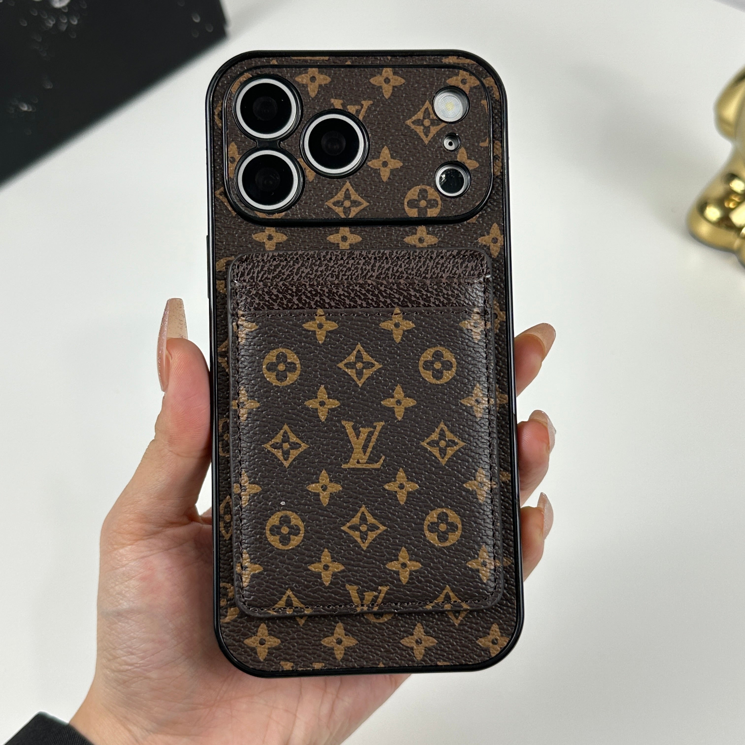 Classic Leather Monogram iPhone Case With Magnetic Card Holder Small Printing For iPhone 17 Series-CRLV049