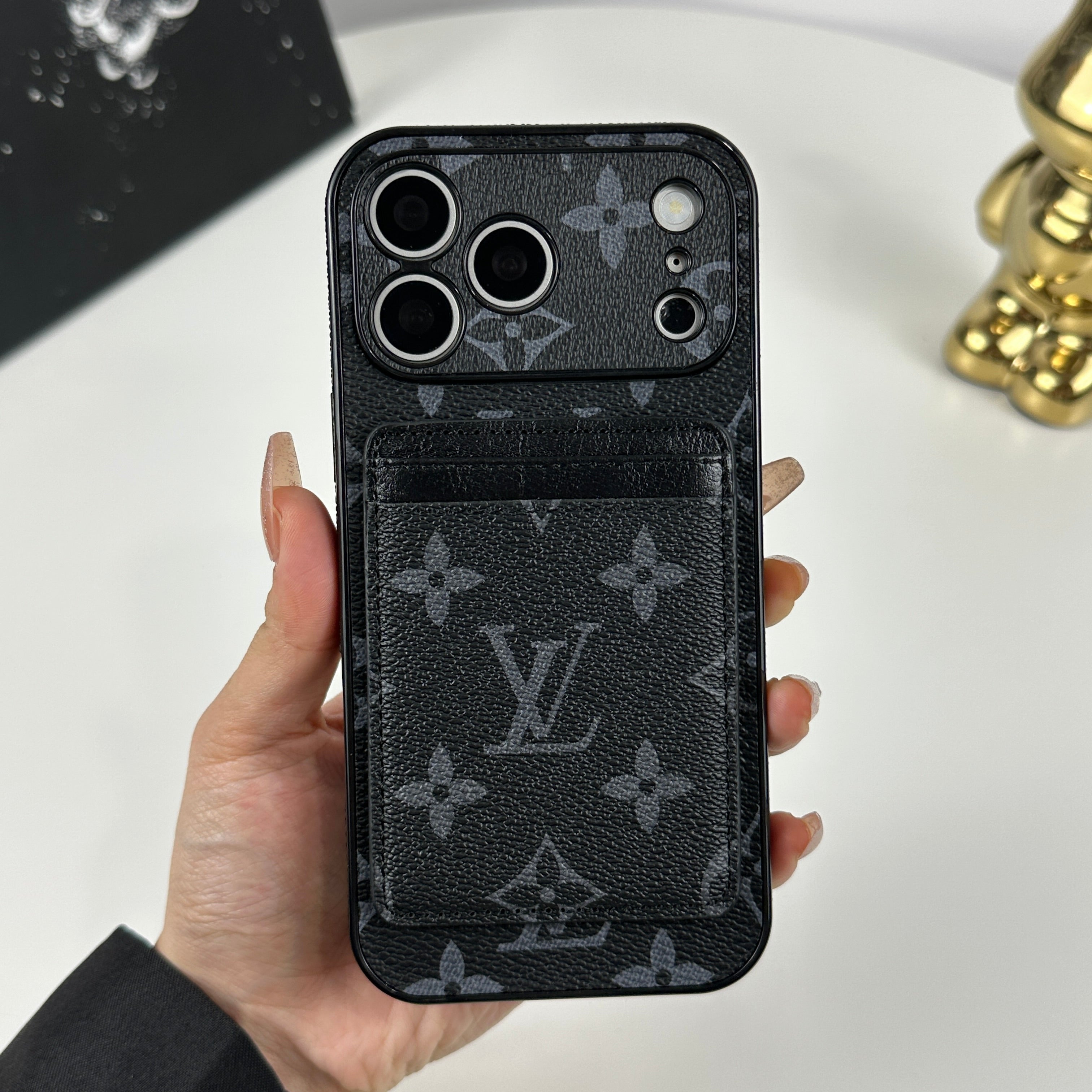 Luxury Leather Monogram iPhone Case With Magnetic Card Holder Black Printing For iPhone 17 Series-CRLV050
