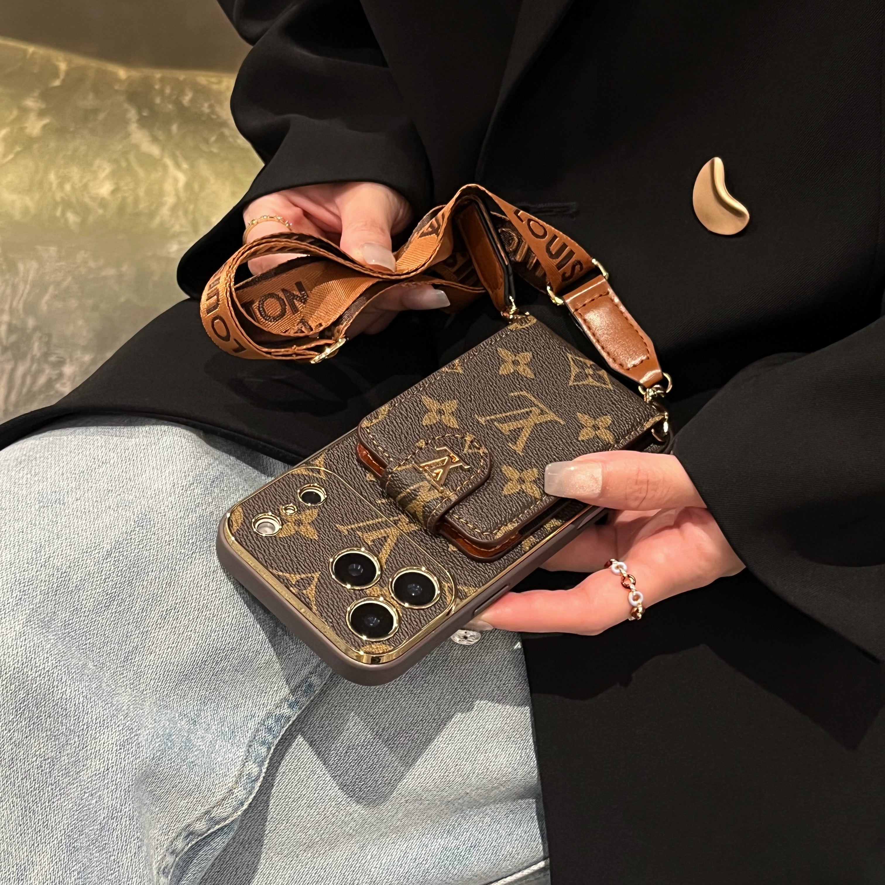 Luxury Leather Monogram iPhone Case With Card Holder And Strap For iPhone 17 Series-CRLV084