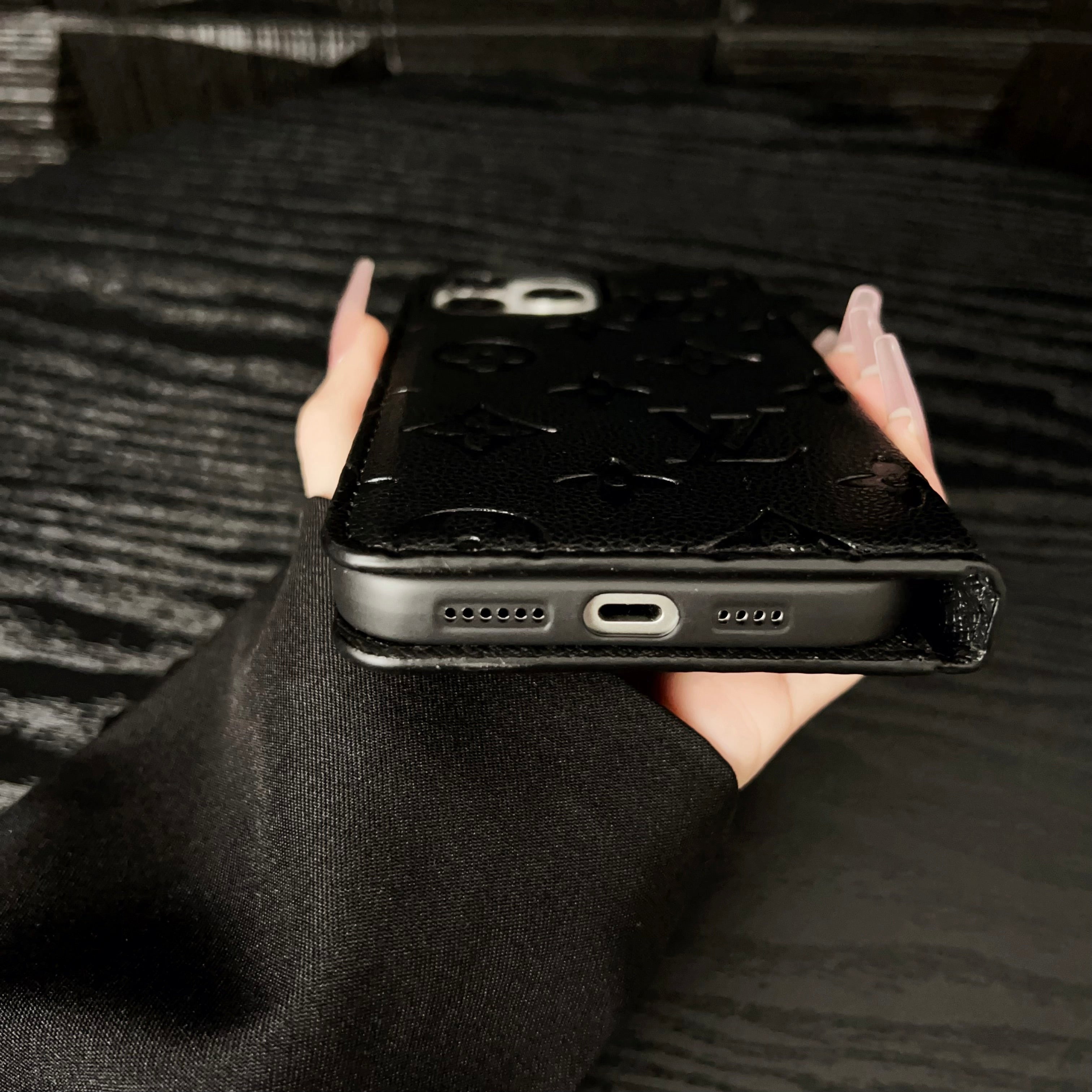 Premium Leather Folio Monogram iPhone Case With Card Holder-CRLV076