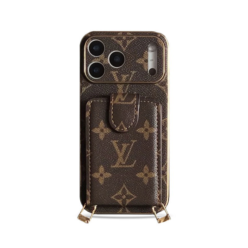 Leather Monogram iPhone Case With Card Holder And Strap Big Printing-CRLV073