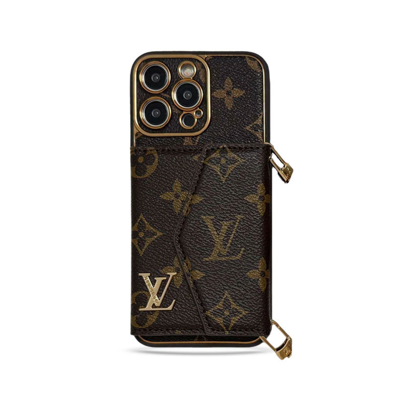 Monogram iPhone Case With Wallet And Strap Brown Big Printing-CRLV074