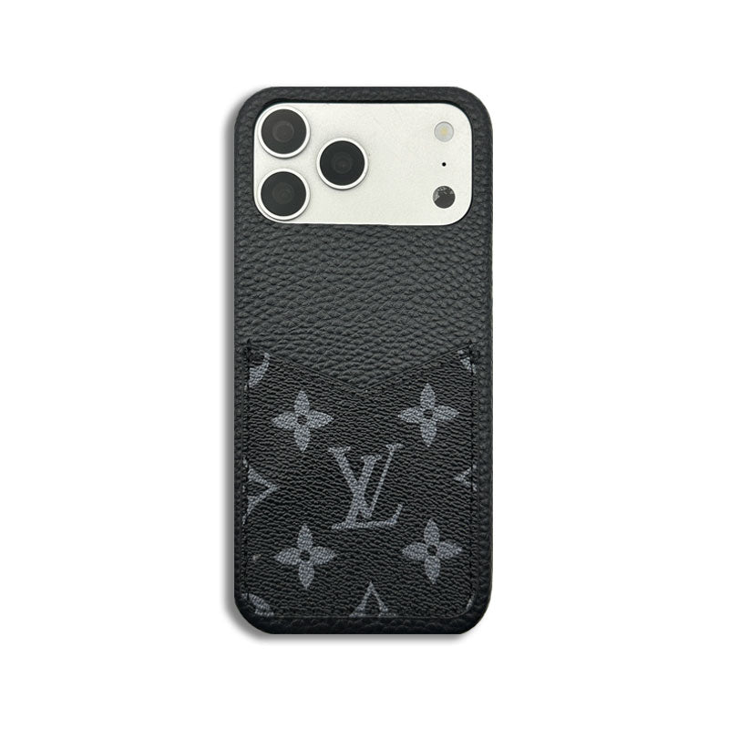 Leather Monogram iPhone Case With Card Holder Black Printing For iPhone 17 Series-CRLV045