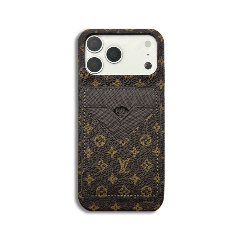 Luxury Leather Monogram iPhone Case With Magnetic Card Holder Small Printing For iPhone 17 Series-CRLV036