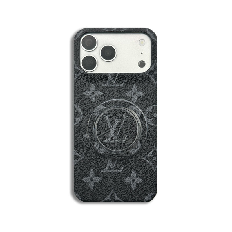 Leather Monogram iPhone Case With Magnetic Stand Black Printing For iPhone 17 Series-CRLV034