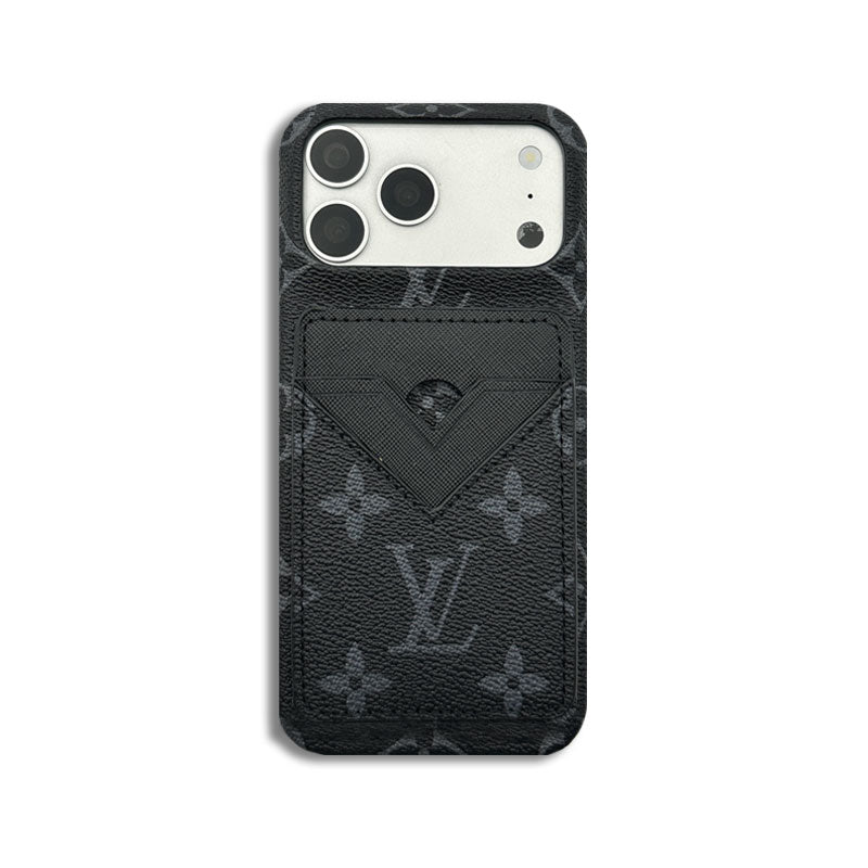 Classic Leather Monogram iPhone Case With Magnetic Card Holder Black Printing For iPhone 17 Series-CRLV037