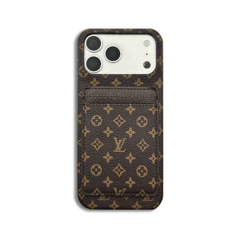 Elegant Leather Monogram iPhone Case With Magnetic Card Holder Small Printing For iPhone 17 Series-CRLV039