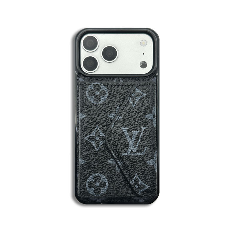 Classic Leather Monogram iPhone Case With Wallet Black Printing For iPhone 17 Series-CRLV046