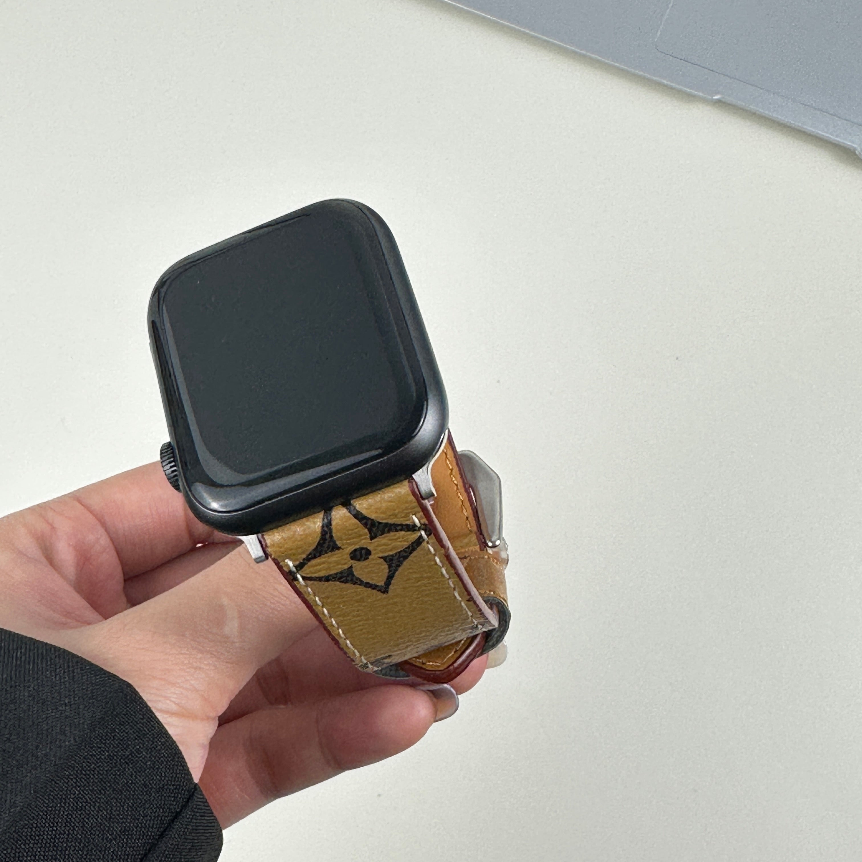 Elegant Leather Monogram Apple Watch Band Yellow Printing-CRLV005