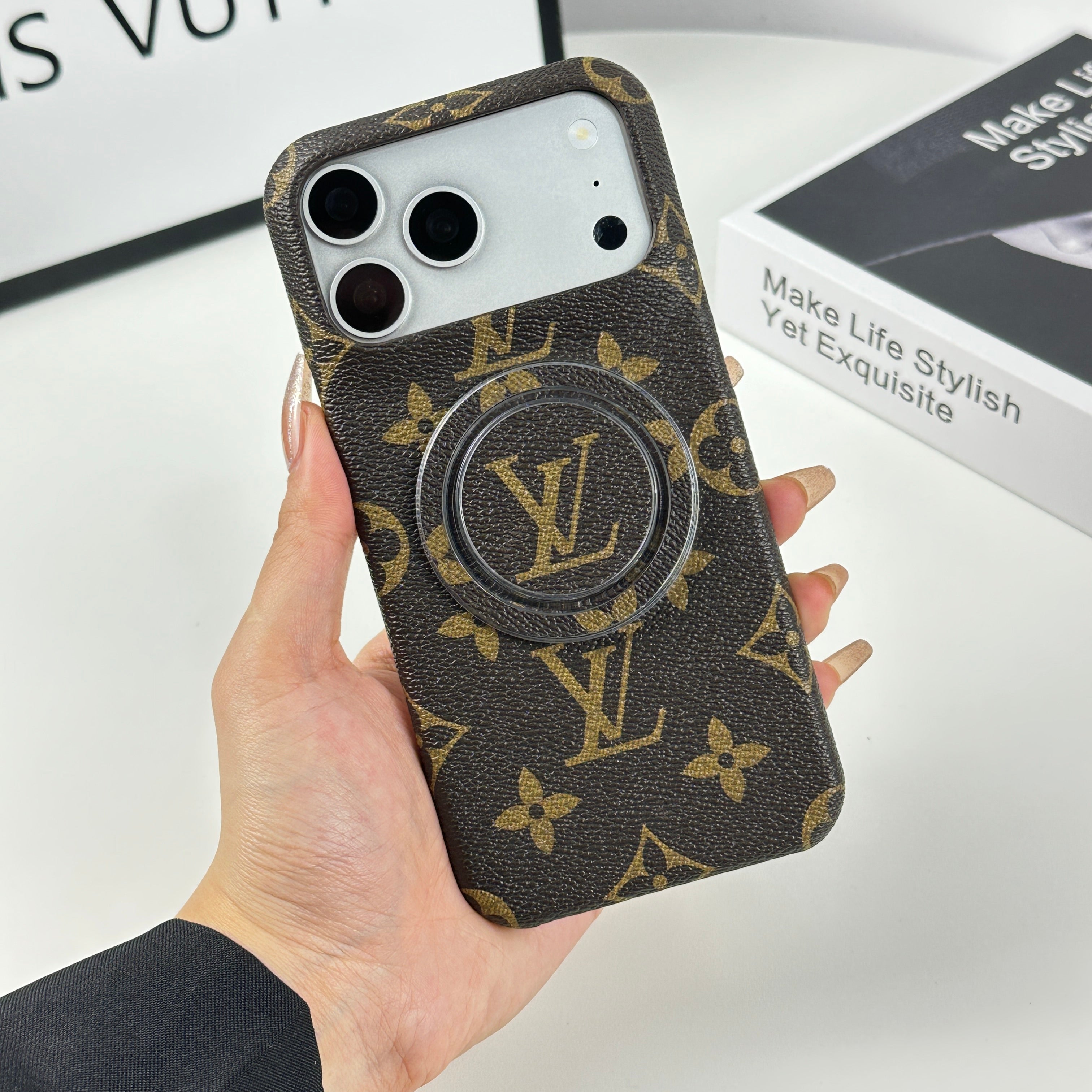 Luxury Leather Monogram iPhone Case With Magnetic Stand Big Printing For iPhone 17 Series-CRLV032