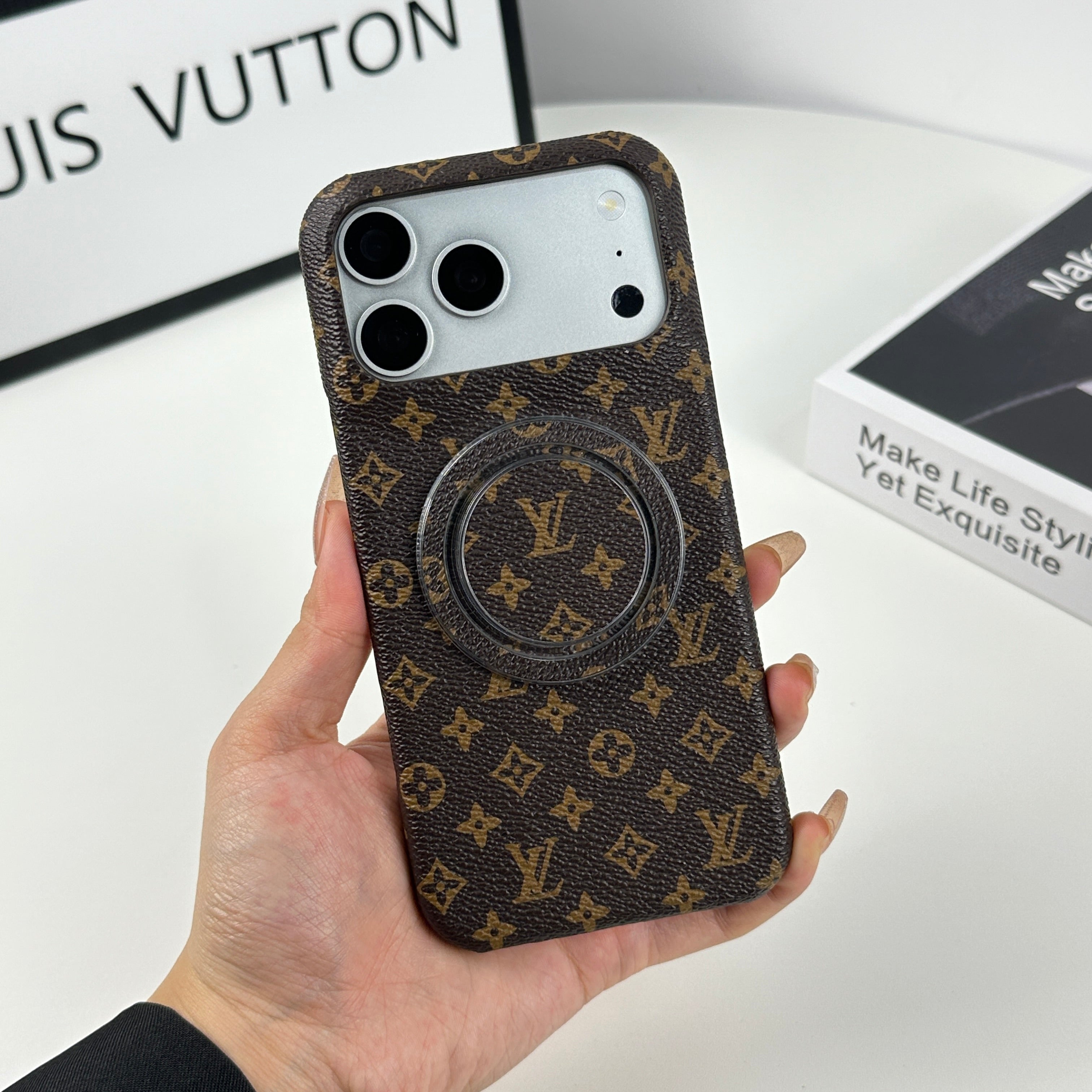 Premium Leather Monogram iPhone Case With Magnetic Stand Small Printing For iPhone 17 Series-CRLV033
