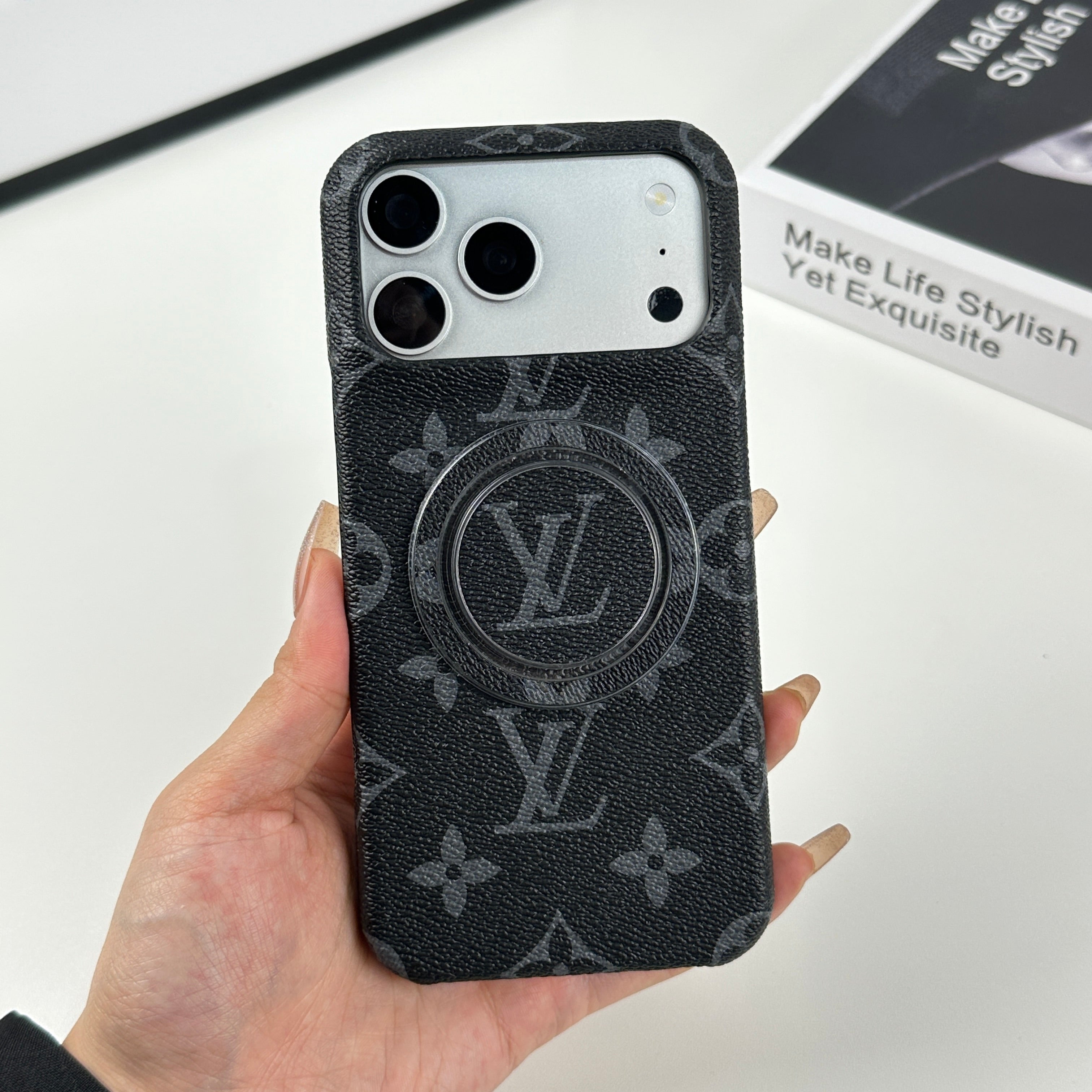 Leather Monogram iPhone Case With Magnetic Stand Black Printing For iPhone 17 Series-CRLV034
