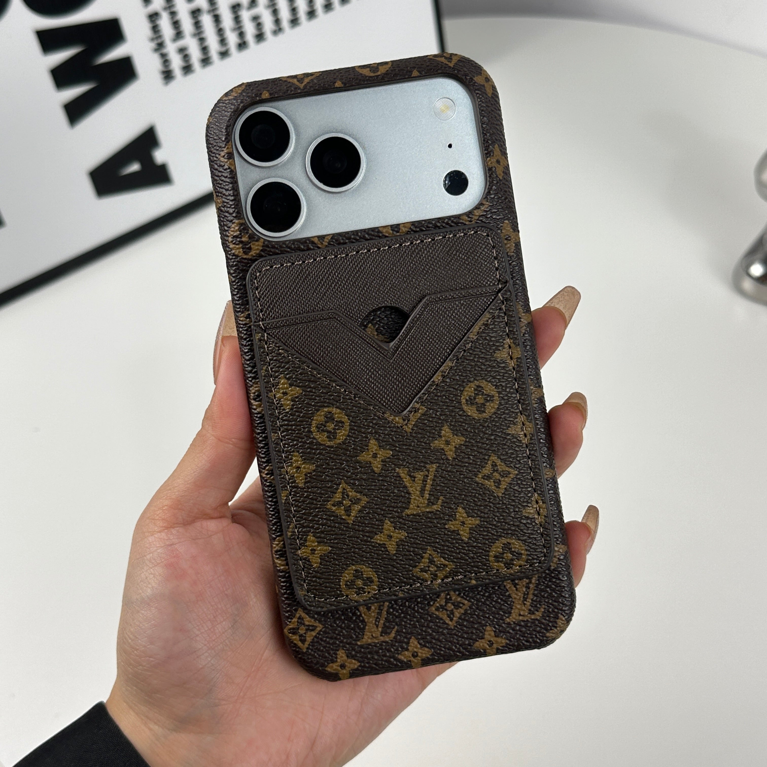 Luxury Leather Monogram iPhone Case With Magnetic Card Holder Small Printing For iPhone 17 Series-CRLV036