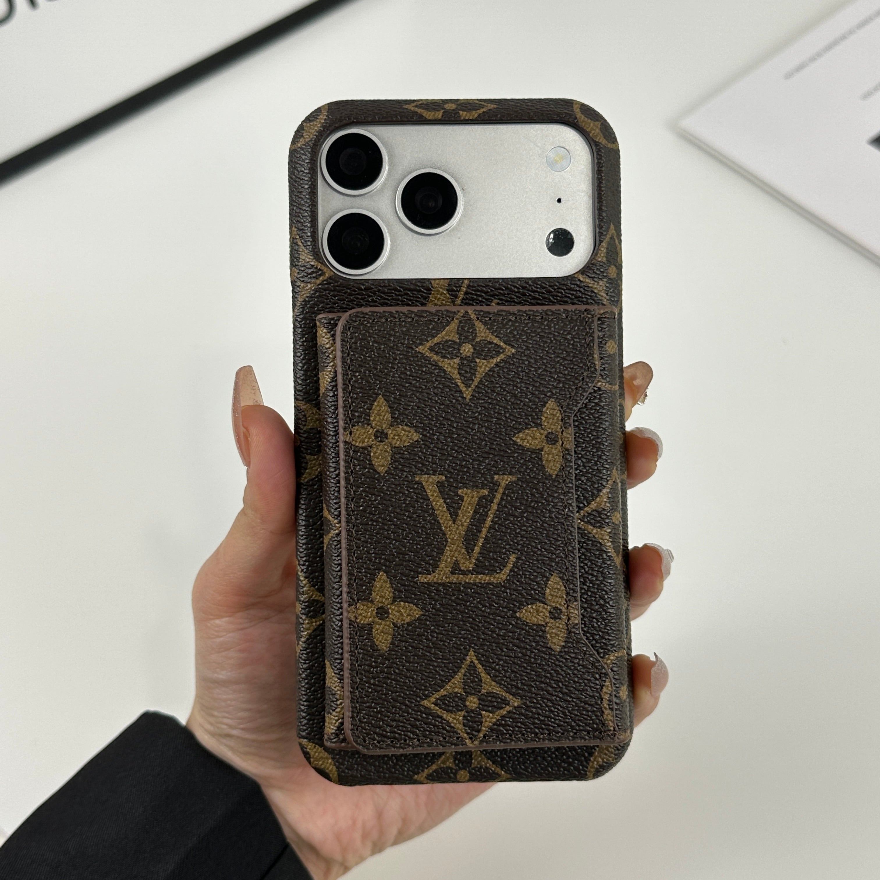 Premium Leather Monogram iPhone Case With Magnetic Wallet Big Printing For iPhone 17 Series-CRLV041