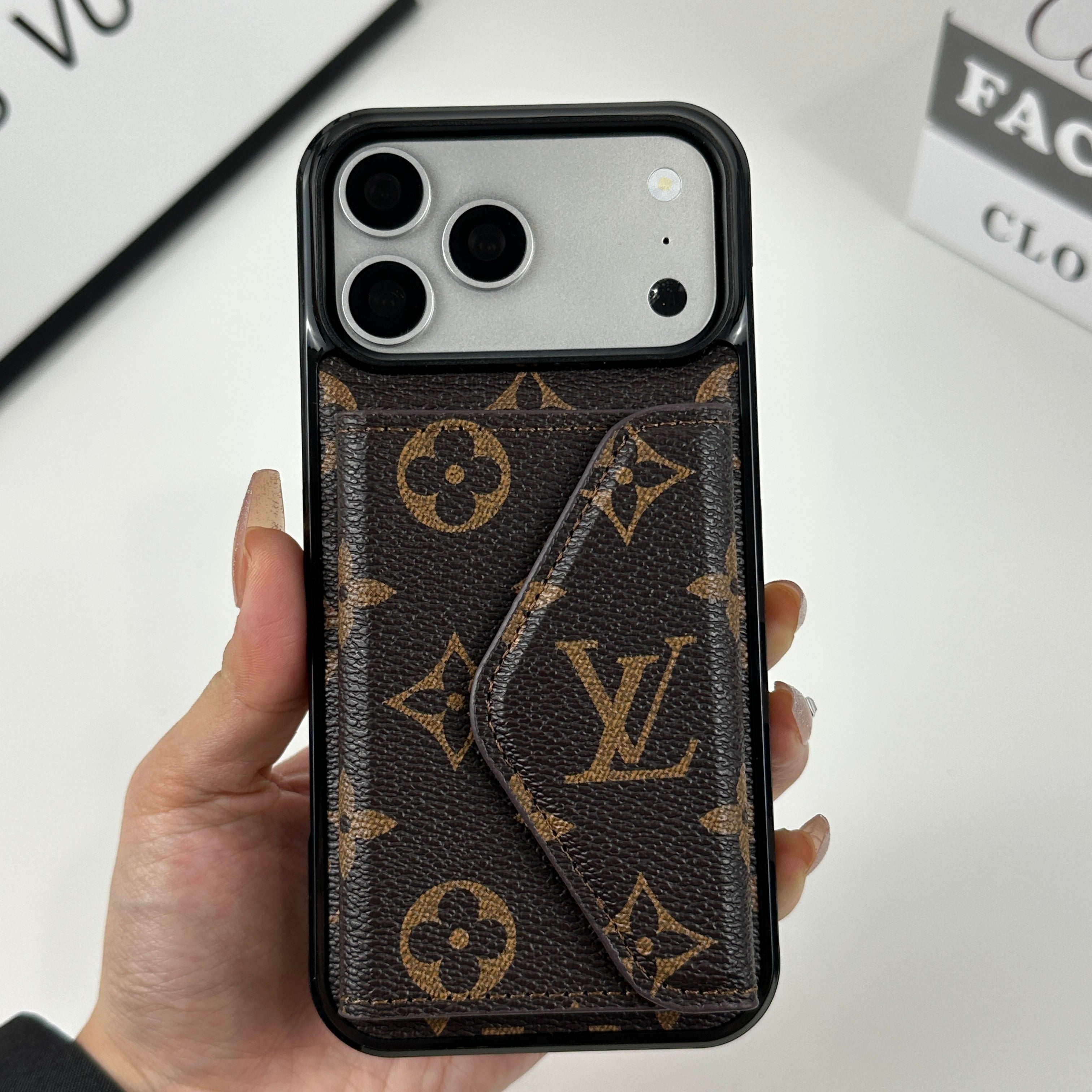 Luxury Leather Monogram iPhone Case With Card Holder Big Printing For iPhone 17 Series-CRLV047