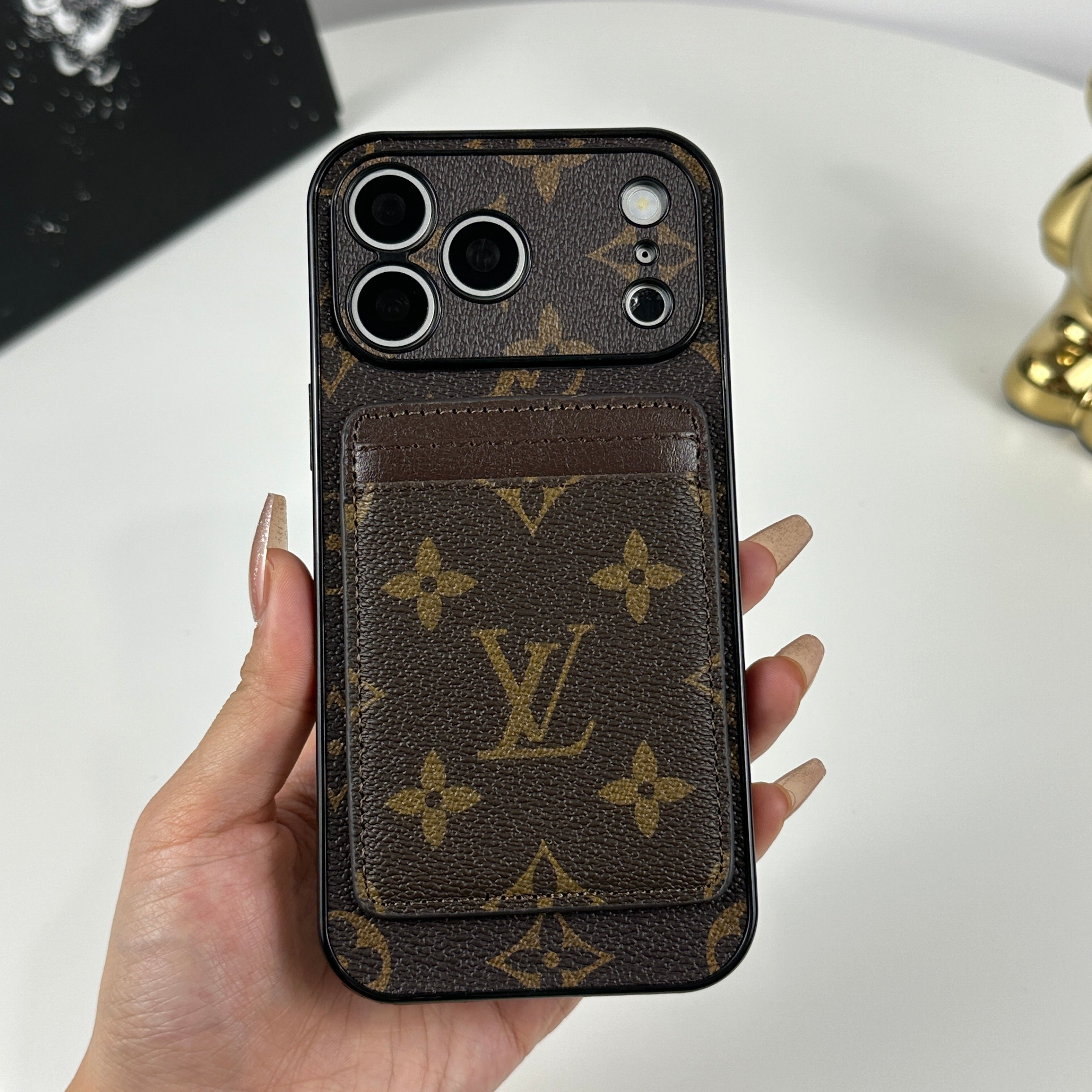 Elegant Leather Monogram iPhone Case With Magnetic Card Holder Big Printing For iPhone 17 Series-CRLV048