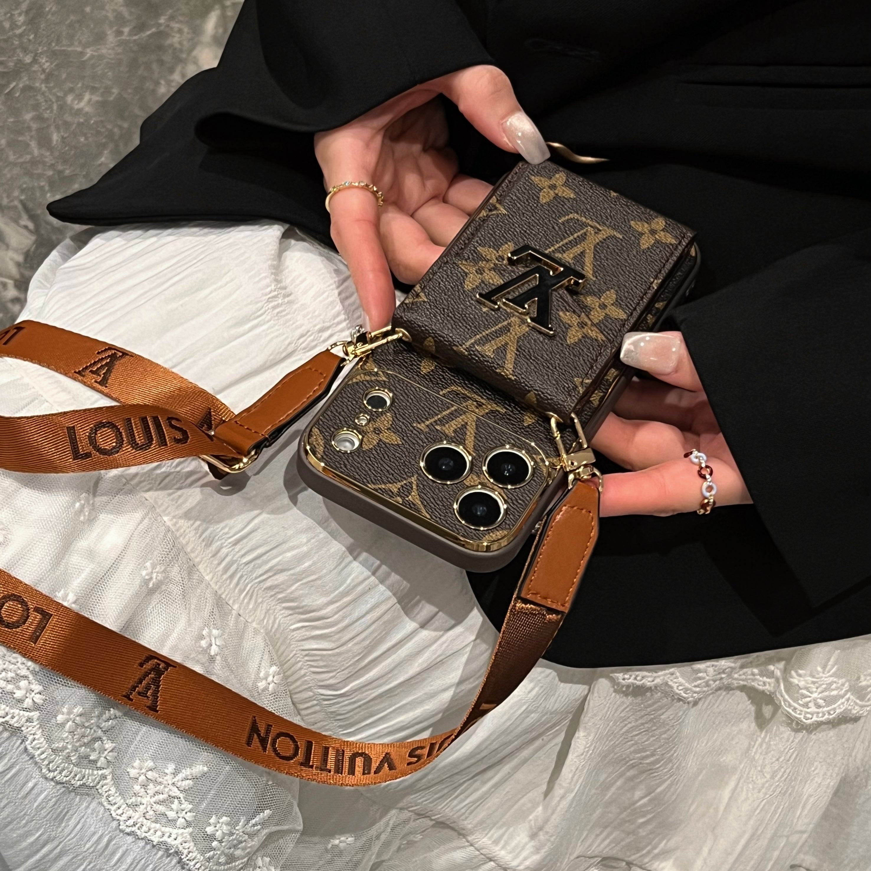 Elegant Monogram iPhone Case With Card Holder And Strap For iPhone 17 Series-CRLV081